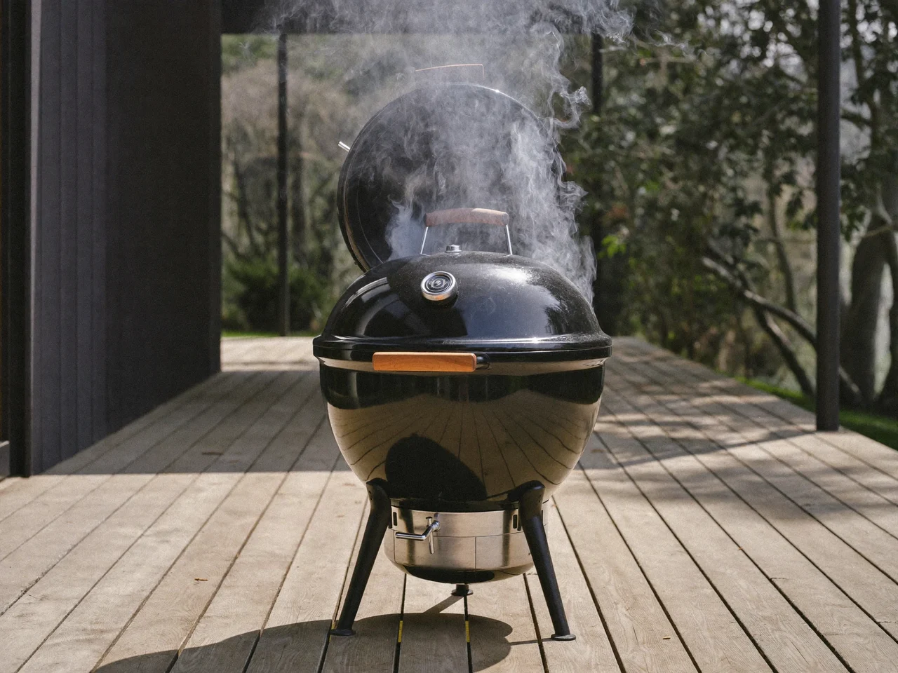 Sort kettlegrill med let åbent låg og tynd røg på trædæk