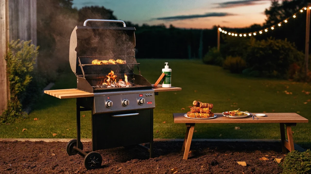 Aften i haven med glødende grill, grillet majs og spyd på træbænk